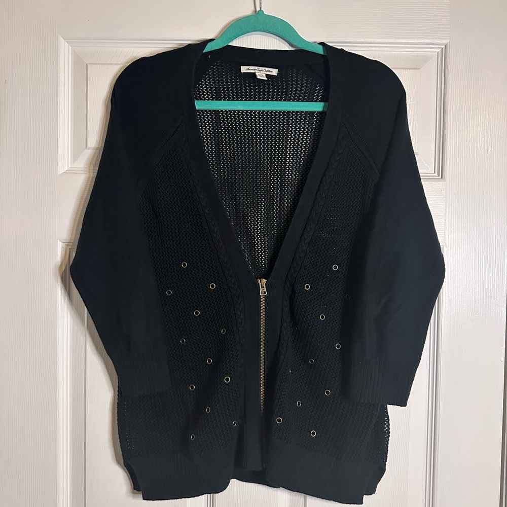 American Eagle Women’s Black Gold Open Knit Half Zip Grommet Cardigan Sz XL
